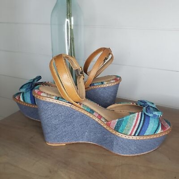 Anthropolgie Miss Albright platform wedge denim rainbow bow heels - Picture 4 of 6
